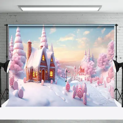 Aperturee Pink Gingerbread House Sweetie Candy Winter Backdrop