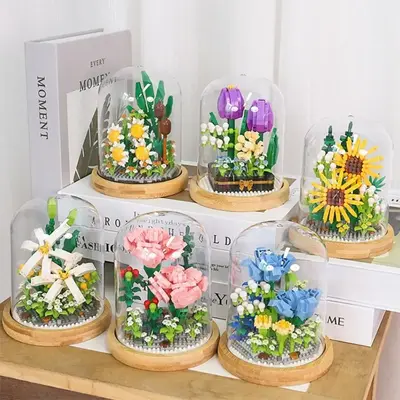DIY Mini Building Block Flower Bouquets with Transparent Display Cover, 1 Box Indoor Decoration, Building Bricks Bouquet Flow...