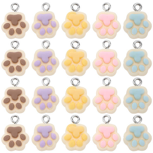 30Pcs 5 Colors Opaque Resin Paw Print Pendants