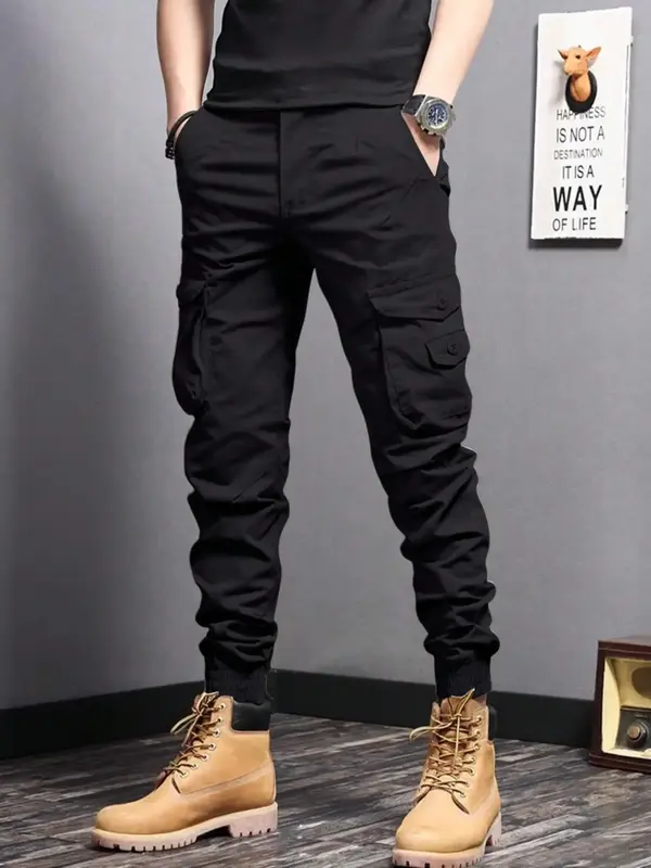 Men's Plain Button Pocket Cargo Pants, Regular Fit Street Fashion Casual Drawstring Waist Jogger Pants For Daily Wear, Woven...