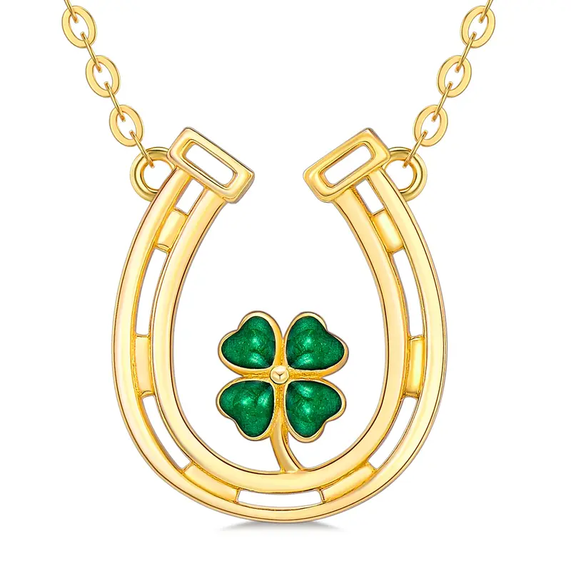 14K Gold Heart Shaped Cubic Zirconia Four Leaf Clover & Horseshoe Pendant Necklace