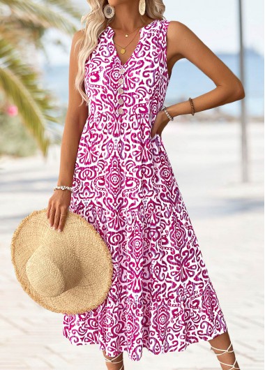 Modlily Hot Pink Tribal Print Maxi Sleeveless Split Neck Dress - XL