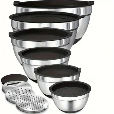 Stainless Steel Mixing Bowl Set with Airtight Lid, 9 Counts/set Including 6 Counts Bowls & 3 Counts Grater Attachments, Kitch...