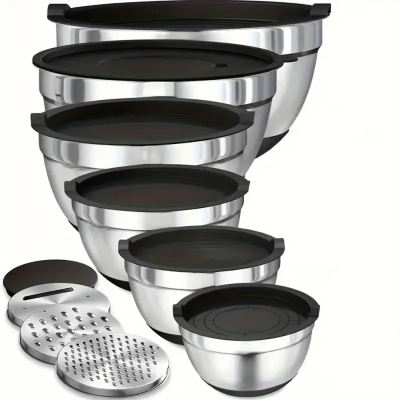 Stainless Steel Mixing Bowl Set with Airtight Lid, 9 Counts/set Including 6 Counts Bowls & 3 Counts Grater Attachments, Kitch...