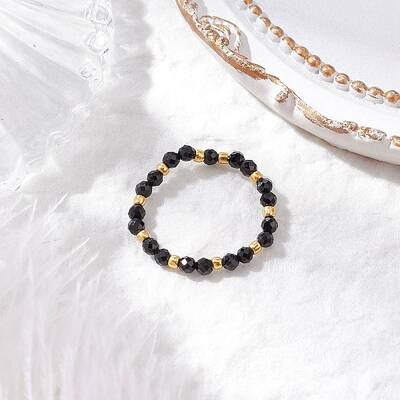 Natural Black Spinel Beaded Stretch Rings for Women