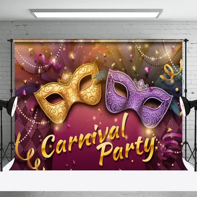 Purple Gold Masks Masquerade Mardi Gras Carnival Party Backdrop - Aperturee