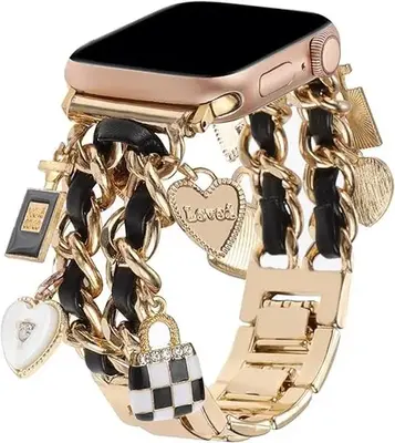 Wearable Chic Wristband for Apple Watch 38mm-49mm, Metal Chain Charms, Unique Pendants, Replacement Strap, Stylish  Series 1-...