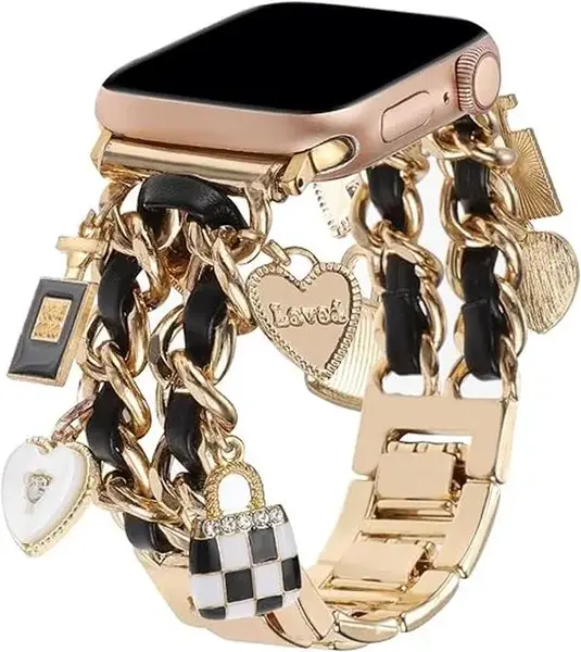 Wearable Chic Wristband for Apple Watch 38mm-49mm, Metal Chain Charms, Unique Pendants, Replacement Strap, Stylish  Series 1-...