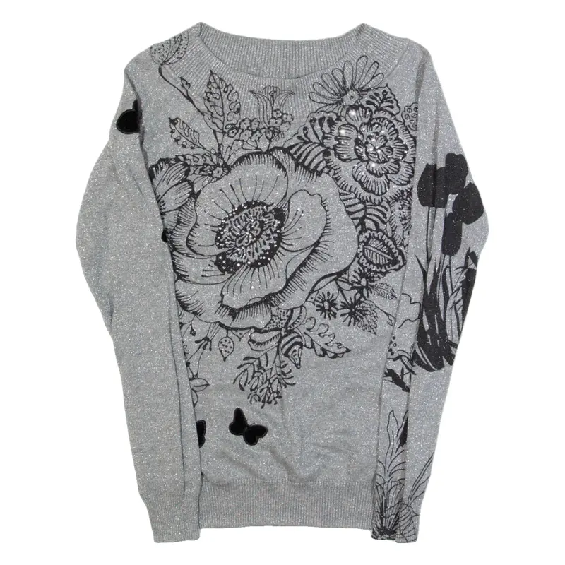 DESIGUAL Womens Top Grey Long Sleeve Floral XS