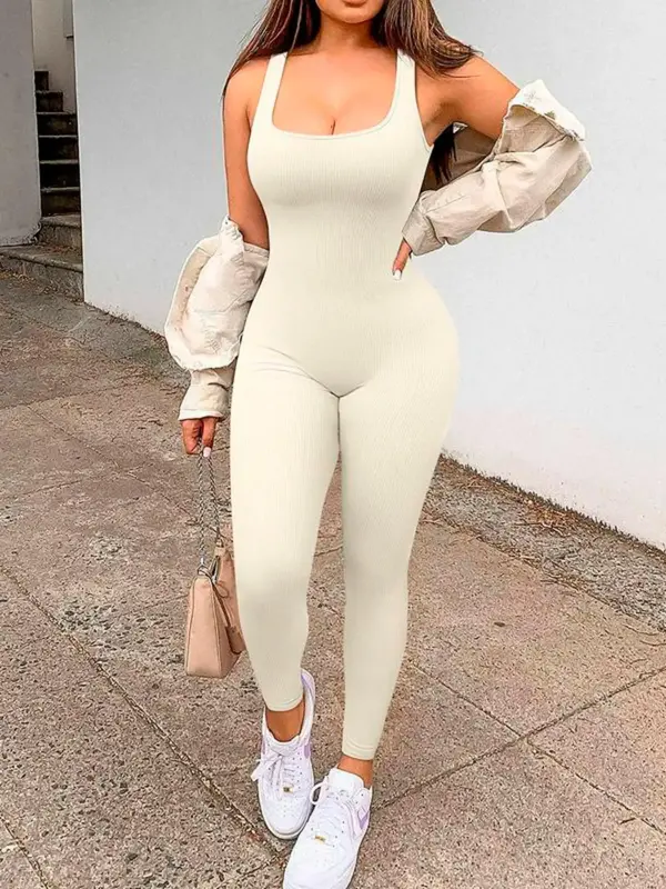 Women's Solid Backless Scoop Neck Ribbed Tank Jumpsuit, Casual Comfy Sleeveless Jumpsuit for Yoga Gym Workout, Ladies Clothes...