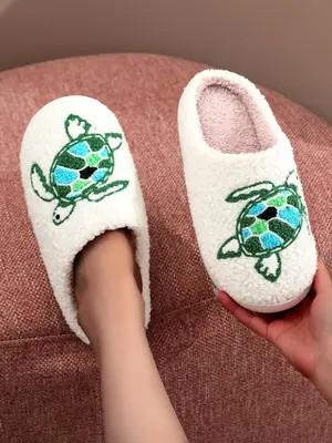 Women's Cute Cartoon Turtle Pattern Plush Slippers, Casual No-slip Soft Comfortable Home Slippers, Warm Slippers for Indoor &...