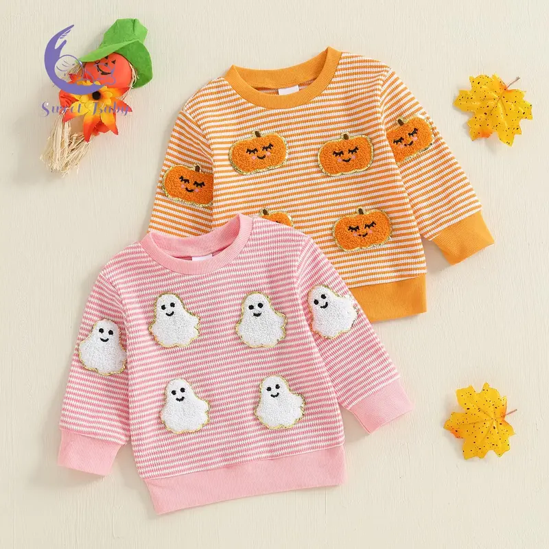 Baby Girls Sweatshirt, Long Sleeve Crew Neck Ghost/pumpkin Striped Pullover Hoodie Halloween Clothes