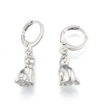 Brass Cat Dangle Leverback Earrings for Women