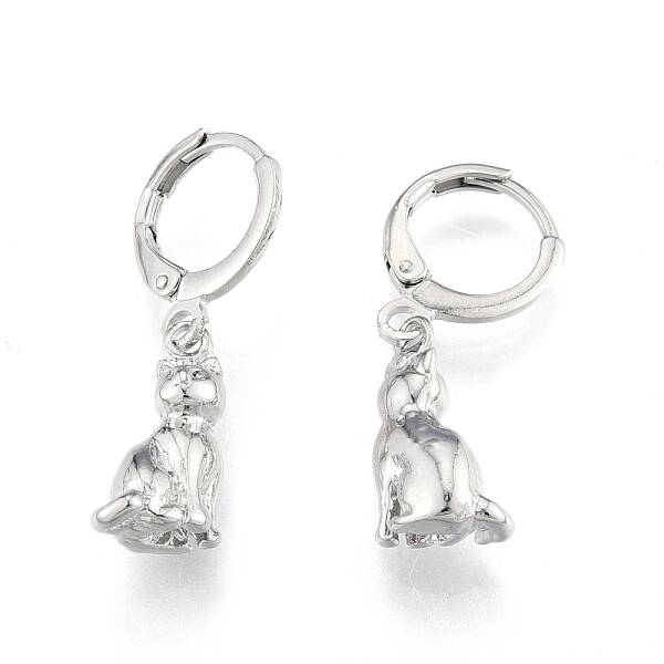 Brass Cat Dangle Leverback Earrings for Women