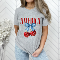 America Bow & Cherry Graphic T-Shirt – Trendy Shirts for Women, Cute & Soft Top, Patriotic Summer Aesthetic,July 9th Gift, ...