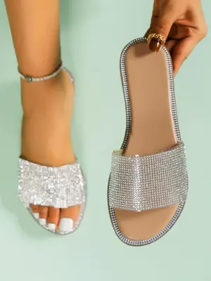 Women's Summer 2024 Fashion Rhinestone Decorated Single Band Slide Sandals, Casual Comfortable Open Toe Flat Sandals for Beac...