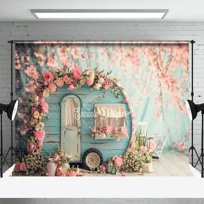 Warm Pink Peach Flower Retro Blue RV Spring Backdrop - Aperturee
