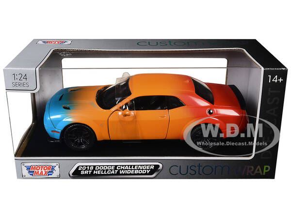 2018 Dodge Challenger SRT Hellcat Widebody Blue, Orange and Red Gradient Custom Wrap Series 1/24 Diecast Model Car by Motor...
