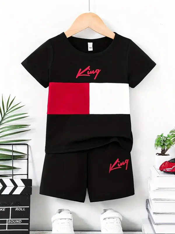 Two-piece Set Toddler Boy's Letter Print Tee & Track Shorts, Casual Short Sleeve T-shirt & Shorts, Summer Outfits Clothes for...