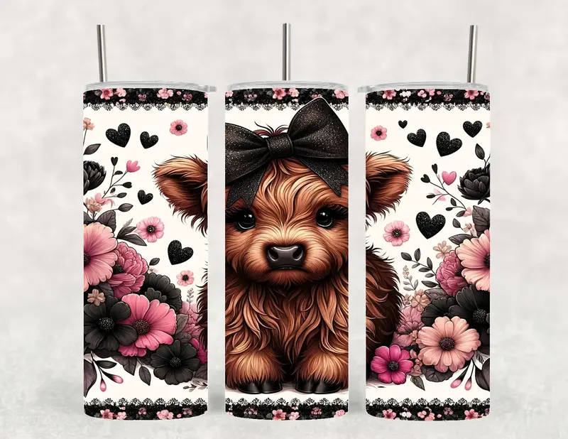 Black Bow Highland Cow 20oz Tumbler Bottle Classic Drinkware Stylish