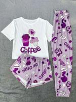 Plus Size Coffee Print Tee & Pants & Shorts Pyjama Set, Casual Comfy Round Neck Short Sleeve T-shirt & Trousers & Shorts PJ S...