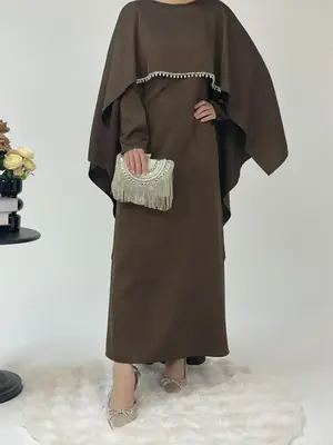 Women's Faux Pearl Decor Abaya Dress, Elegant Long Sleeve Round Neck Dress for Party Evening Formal Occasions, Ladies Islamic...