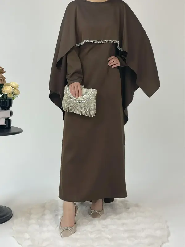 Women's Faux Pearl Decor Abaya Dress, Elegant Long Sleeve Round Neck Dress for Party Evening Formal Occasions, Ladies Islamic...