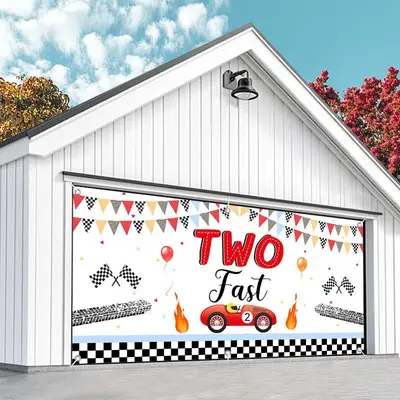 Aperturee Two Fast Racing Car 2Nd Birthday Garage Door Banner