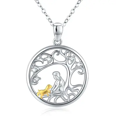 Sterling Silver Two-tone Circular Shaped Cubic Zirconia Dog Pendant Necklace