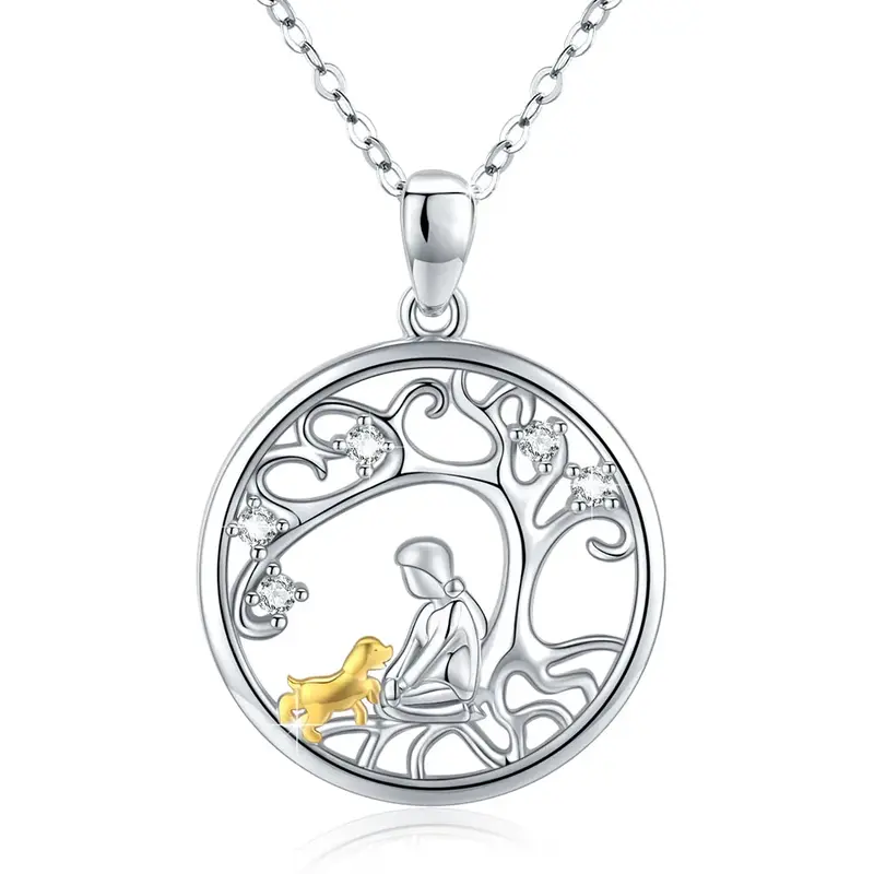 Sterling Silver Two-tone Circular Shaped Cubic Zirconia Dog Pendant Necklace