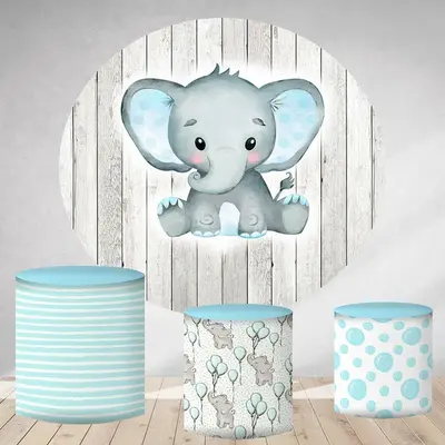Aperturee Circle Blue Elephant Round Grey Wood Birthday Backdrop | Round Party Backdrop | Birthday Backdrop Ideas | Circular ...
