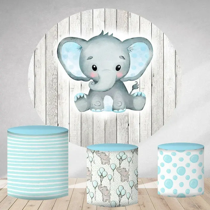 Aperturee Circle Blue Elephant Round Grey Wood Birthday Backdrop | Round Party Backdrop | Birthday Backdrop Ideas | Circular ...