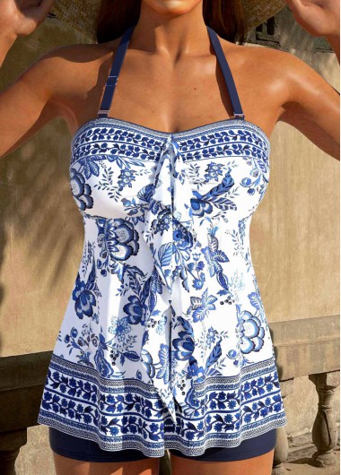 Modlily Scalloped Hem Floral Print Navy Tankini Top - M