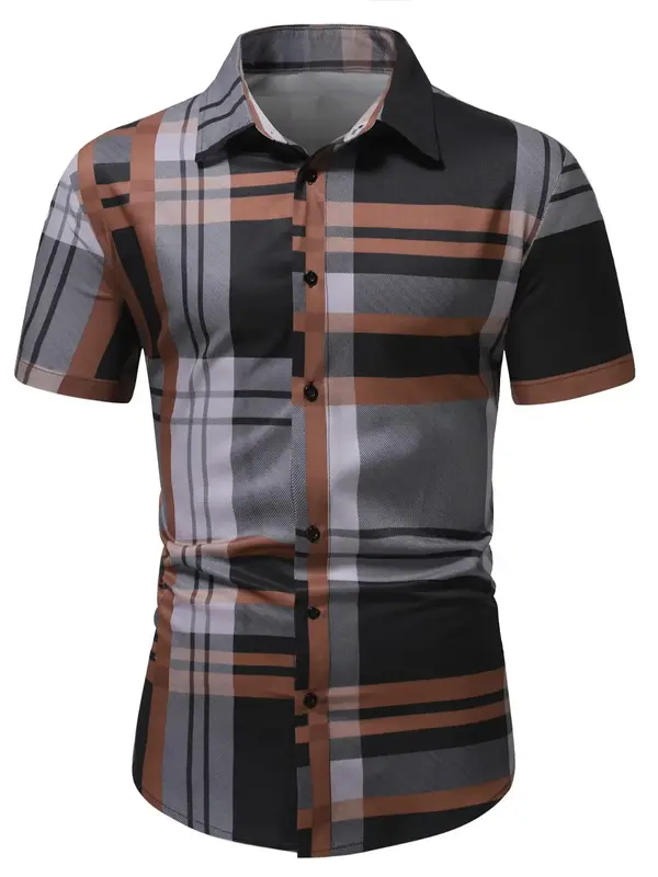 Men's Regular Fit Plaid Print Button Front Shirt, Casual Short Sleeve Collared Top for Spring & Summer, Fashion Men's Clothes...