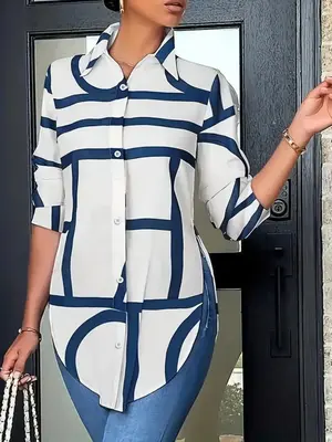 Women's Geometric Print Button Front Split Hem Shirt, Elegant Long Sleeve Collared Blouse for Daily Wear, Ladies Clothes for ...