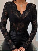 Women's Sheer Floral Lace Cover Up Top, Aesthetic Elegant Scallop Trim Long Sleeve Lightweight V Neck Top for Party Holiday V...