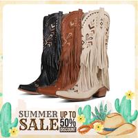 Fringe Cowboy Boots For Women Tassel Western Embroidered Pointed Toe Chunky Heel Knee High Cowgirl Boots Summer Shoes
