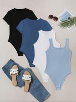 Plain Scoop Neck Tank Bodysuit & Tee Bodysuits for Women, Open Crotch Design One Piece Bodysuit, Casual Ribbed Bodysuit for S...