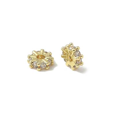 Flat Round Brass Micro Pave Clear Cubic Zirconia Beads