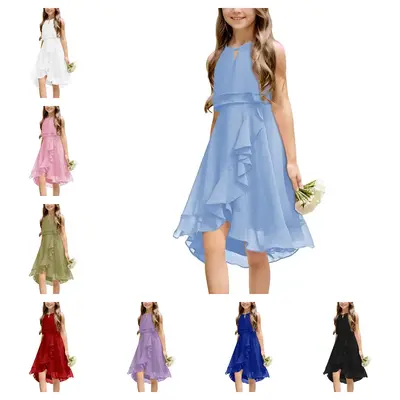 【5-14 Years】Haloumoning Kids A-Line Halter Neck Chiffon Junior Bridesmaid Dresses Fancy Girl Dress Wedding Elegant Party ...