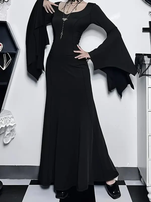Women’s Gothic Witch Dress | Long Sleeve Black Maxi Gown | Halloween Vampire Costume | Sexy Cosplay Party Outfit | Alternat...