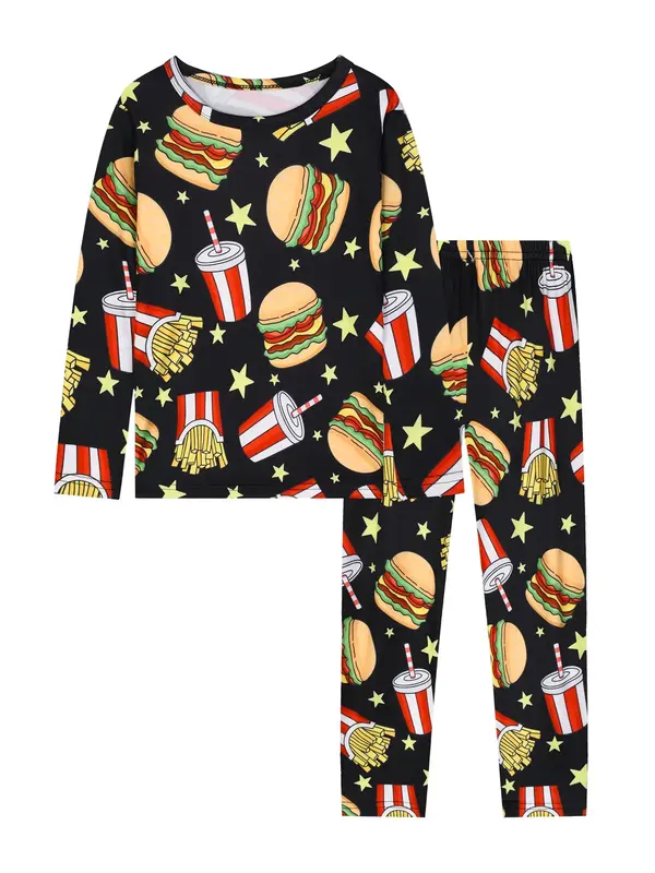 Boys' Cartoon Food Print Pajama Set, 2 Piece Long Sleeve Top & Pants, Fall Sleepwear, Comfortable Home Clothes for Kids