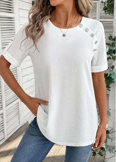 Modlily Bleaching White Button Short Sleeve Round Neck Blouse - M