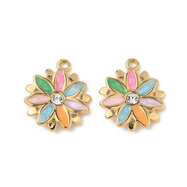 304 Stainless Steel Enamel Rhinestone Flower Pendants