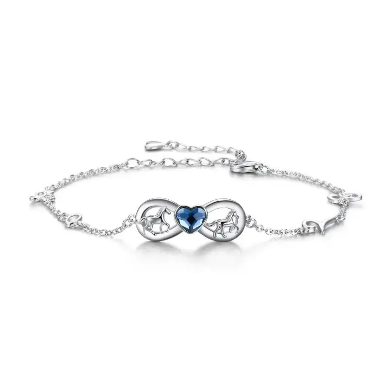 Sterling Silver Heart Shaped Crystal Horse & Infinity Symbol Single Layer Anklet