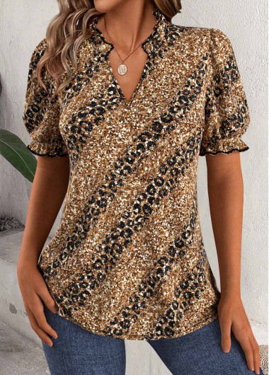 Modlily Dark Coffee Leopard Short Sleeve Split Neck Blouse - M