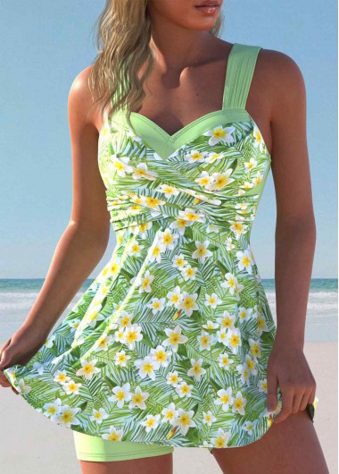 Modlily Surplice Mid Waisted Floral Print Light Green Tankini Set - M