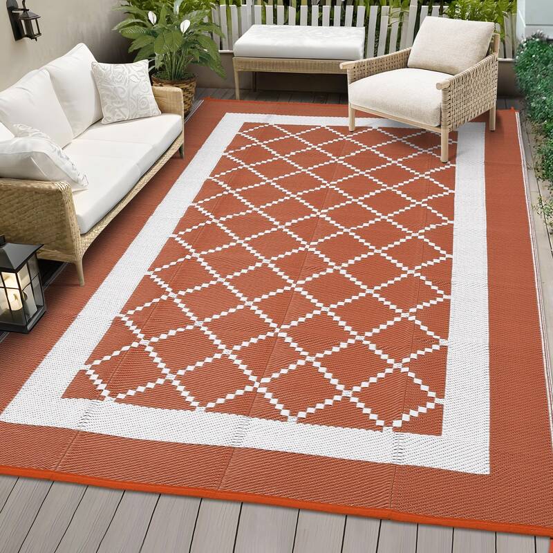 Garvee Waterproof Reversible Outdoor Patio Rug 9x18ft – Geometric Diamond Plastic Mat, UV Resistant, Collapsible, Easy Clea...