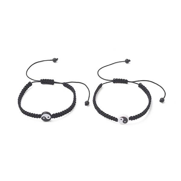 2Pcs 2 Color Acrylic Yin Yang Braided Bead Bracelets Set