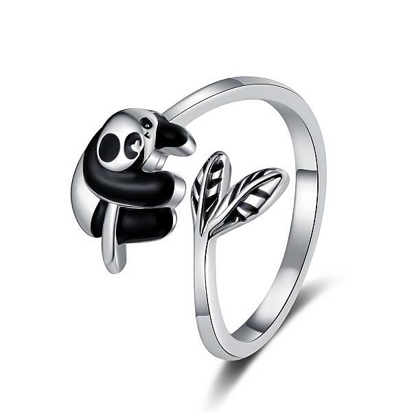 Cute Panda Brass Enamel Open Cuff Ring for Women